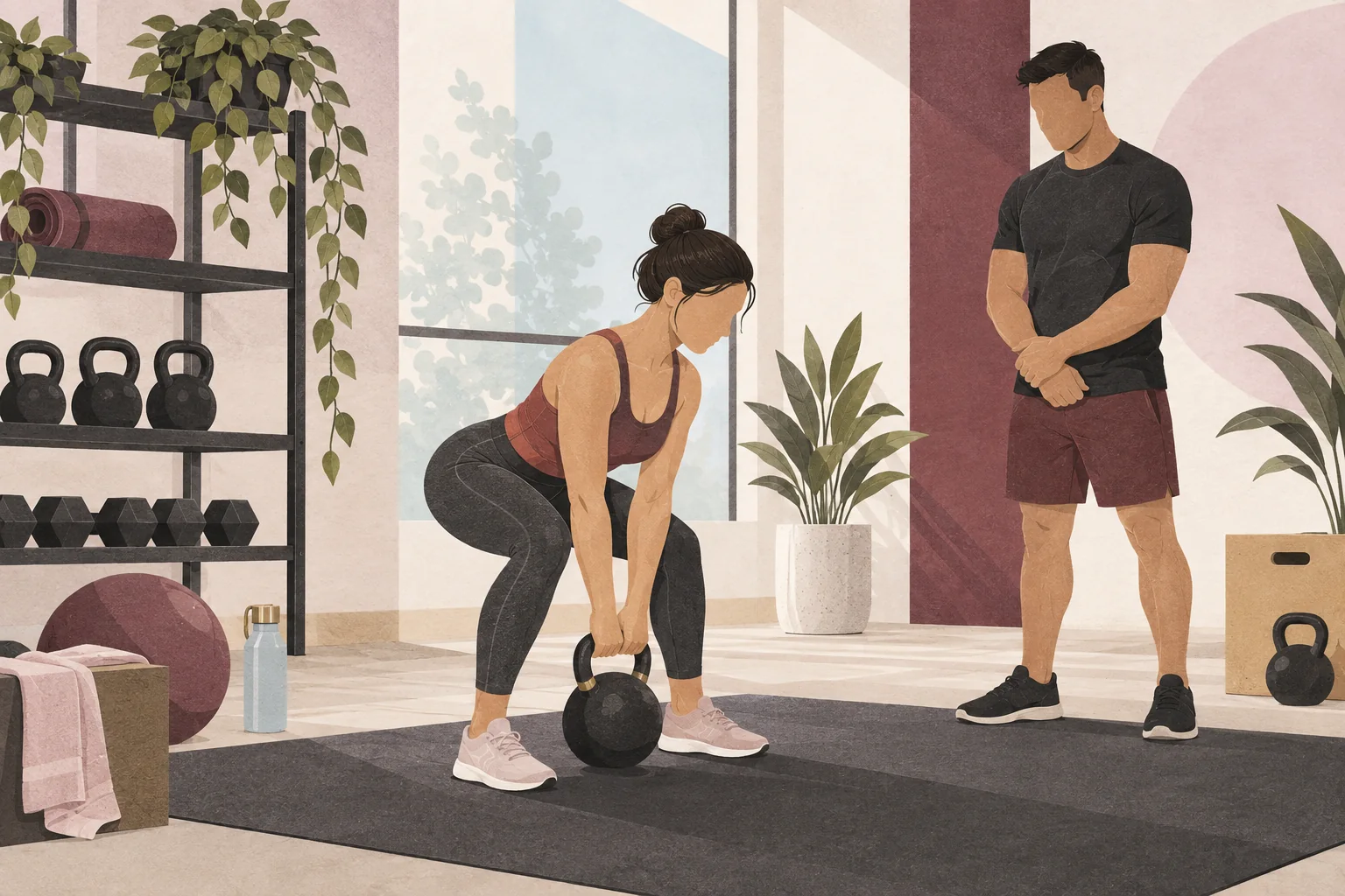 Illustrazione di un esercizio con kettlebell seguito da un coach
