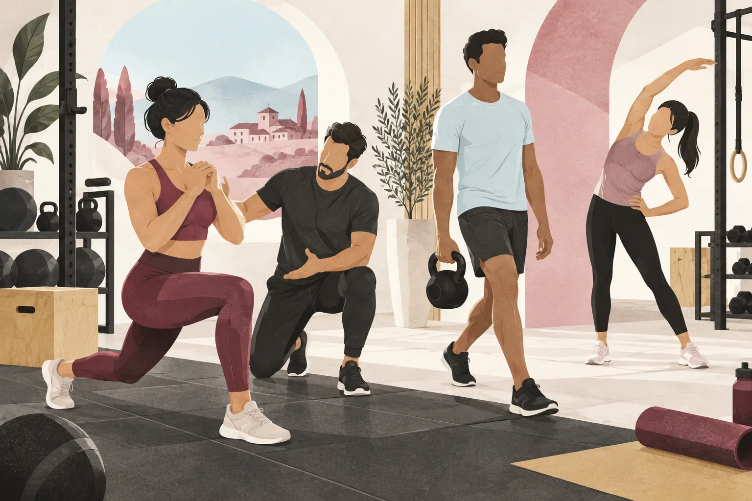 Illustrazione di un gruppo durante una lezione di allenamento funzionale
